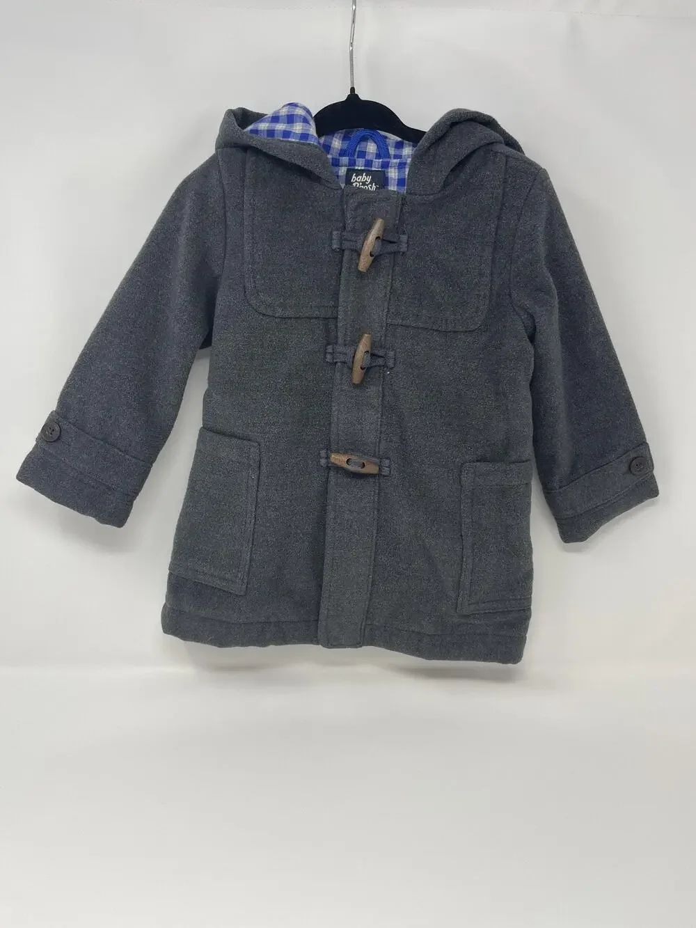 Baby B'gosh Duffle Coat Boys 18-24 Months Gray Hooded Gingham Toggle Pockets